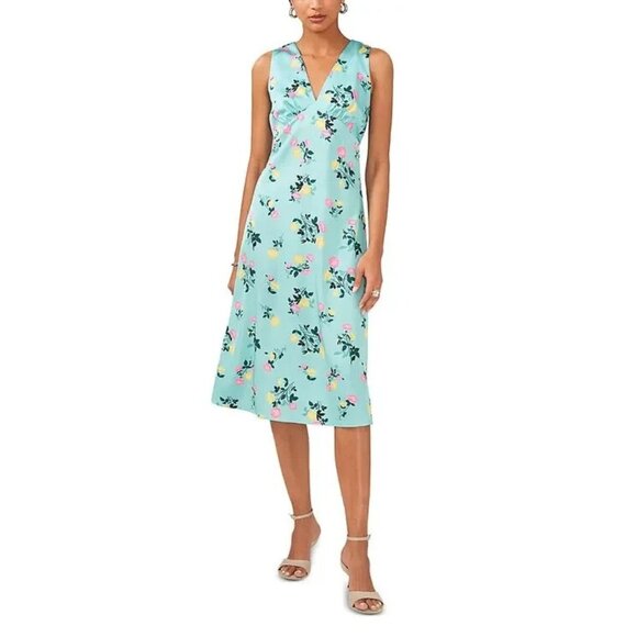 1. State Dresses & Skirts - 1. STATE Floral V-Neck Dress Women's Size 6 Ocean Teal Satin Sleeveless Midi